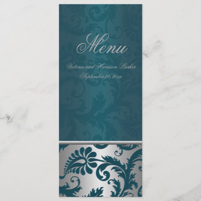 Cartão de Menu de Casamento Silver and Teal Damask (Frente)