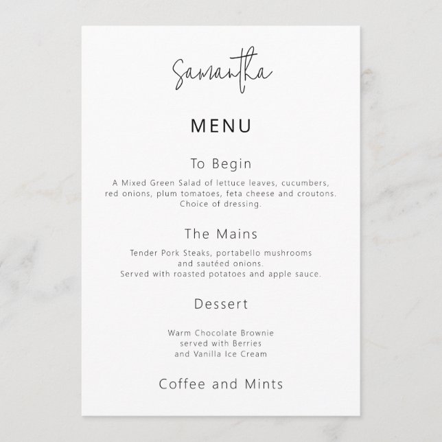 Cartão de Menu de Casamento Simples com Nome do Co (Frente)