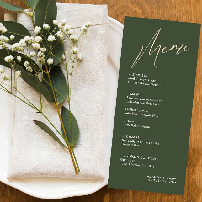 Cartão de Menu de Casamento Simples e Moderno Verd (Criador carregado)