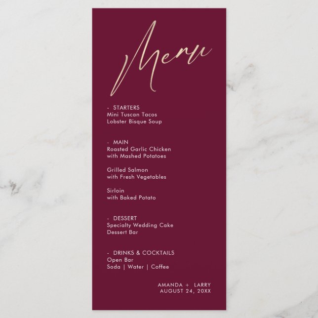 Cartão de Menu de Casamento Simples e Moderno Vinh (Frente)