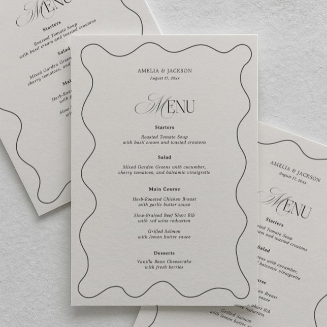Cartão de Menu de Casamento Simples Ondulado Preto (Criador carregado)