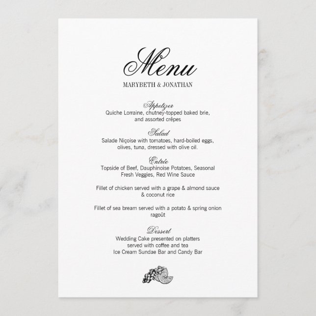 Cartão de Menu de Casamento Toile & Calliografia (Frente)