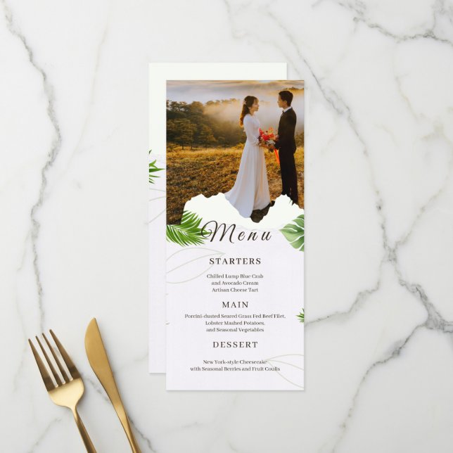 Cartão de Menu de Casamento Tropical Romântico (Frente/Verso In Situ)
