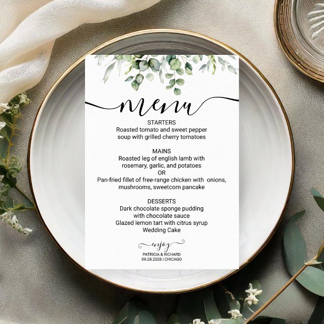 Cartão de Menu de Casamento Verde com Aquarela de  (Criador carregado)