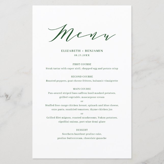 Cartão de Menu de Casamento Verde do Script de Den (Frente)