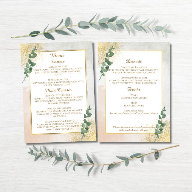 Cartão de Menu de Casamento Verde e Dourado Elegan (Elegant Green & Gold Wedding Menu)