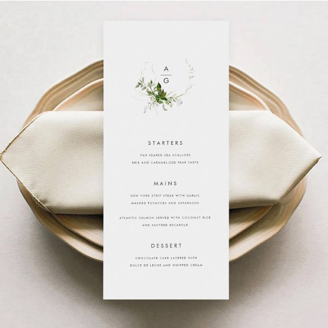 Cartão de Menu de Casamento Verde Moderno (Modern Greenery Wedding Menu)