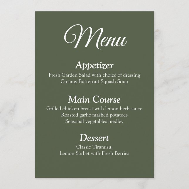 Cartão de Menu de Casamento Verde Oleícola Elegant (Frente)