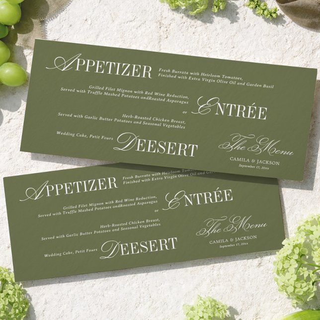 Cartão de Menu de Casamento Verde Oliva Dinheiro A (Criador carregado)