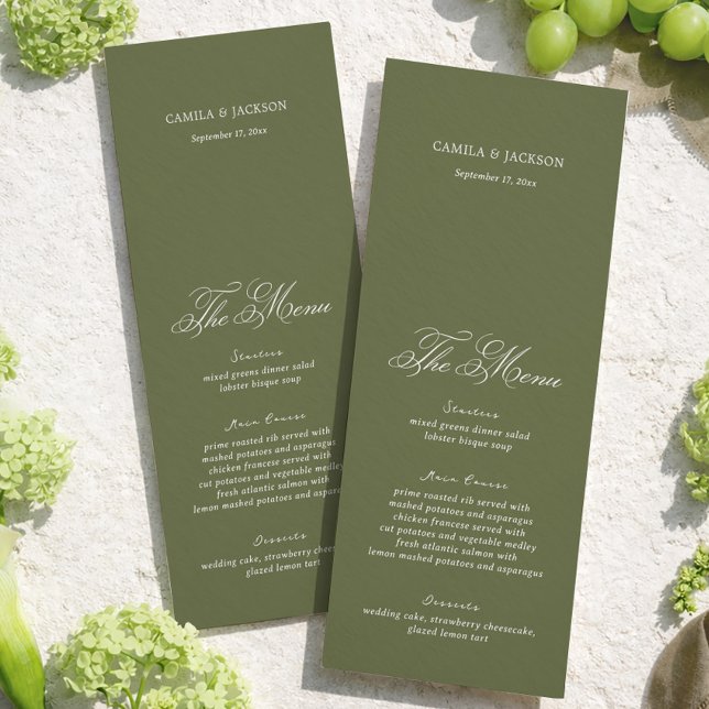 Cartão de Menu de Casamento Verde Oliva Simples (Criador carregado)