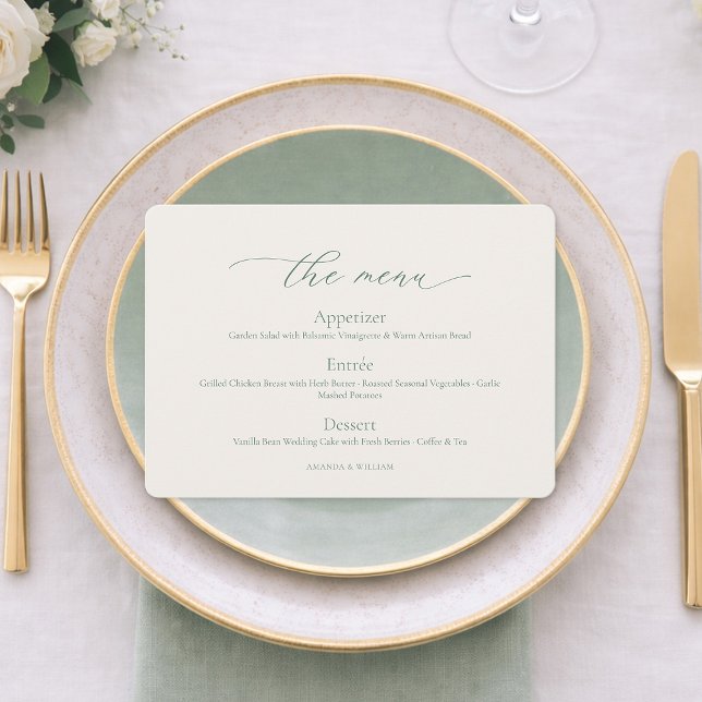 Cartão de Menu de Casamento Verde Sage Minimalista (Criador carregado)