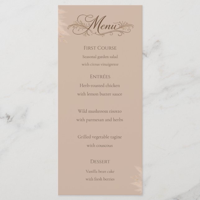 Cartão de Menu de Casamento Whispering Pampas (Frente)