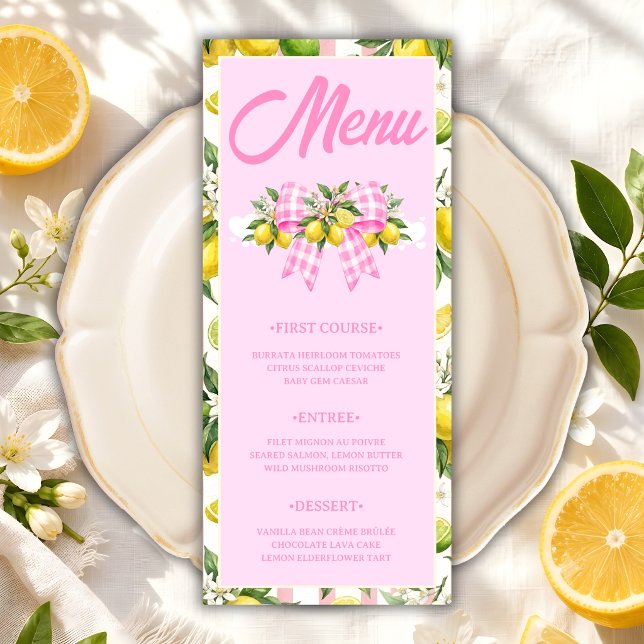 Cartão de Menu de Chá de Bebê com Laço Gingham Ros (Criador carregado)