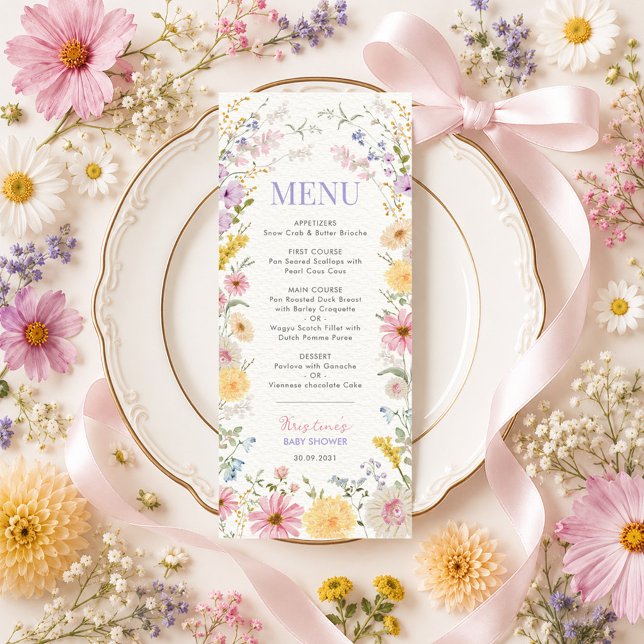 Cartão de Menu de Chá de Bebê Flor Silvestre da Pr (Criador carregado)