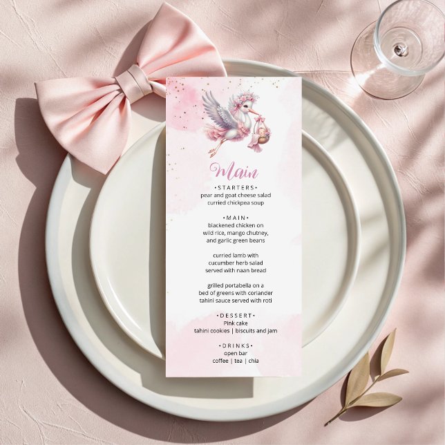 Cartão de Menu de Chá de Bebê Stork Fofa e Rosa (Criador carregado)