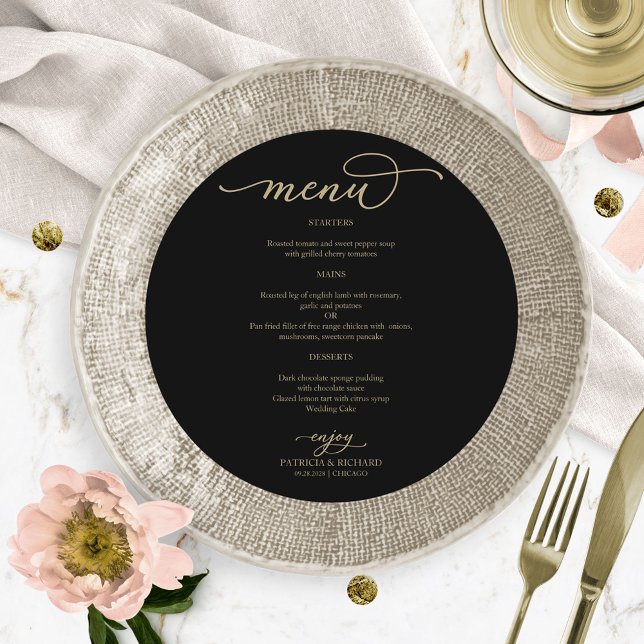Cartão de Menu de Círculo Preto com Letra Dourada  (Criador carregado)