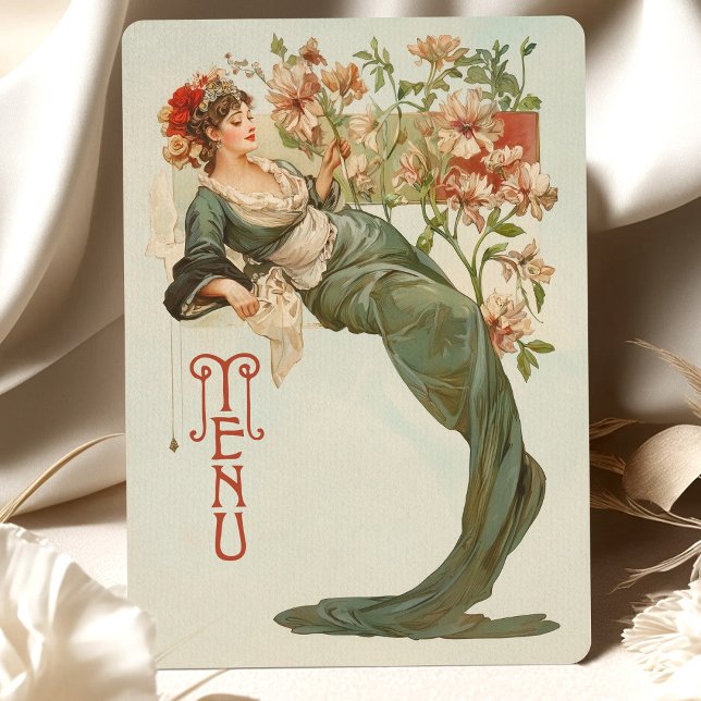 Cartão de Menu de Deusa Floral Art Nouveau (Criador carregado)