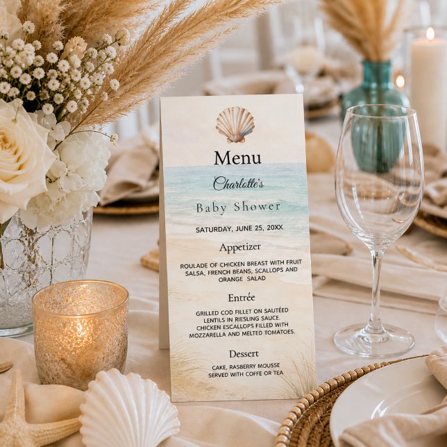 Cartão de menu de festa de bebê na praia (Criador carregado)
