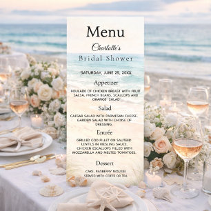 Cartão de menu de festa de praia para chá de noiva