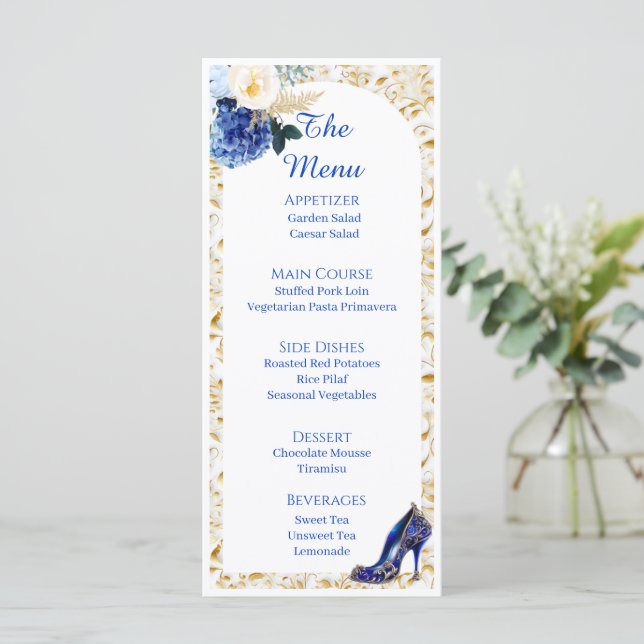 Cartão de Menu de Jantar Borboleta Azul Real Doura (Em pé/Frente)