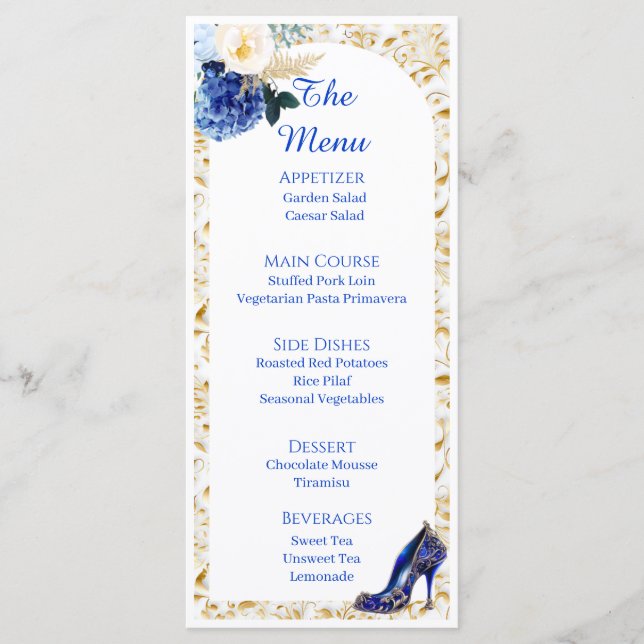 Cartão de Menu de Jantar Borboleta Azul Real Doura (Frente)