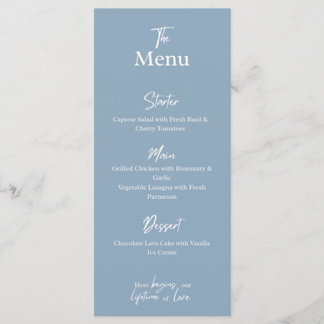 Cartão de Menu de Jantar de Casamento em azul empo (Frente)