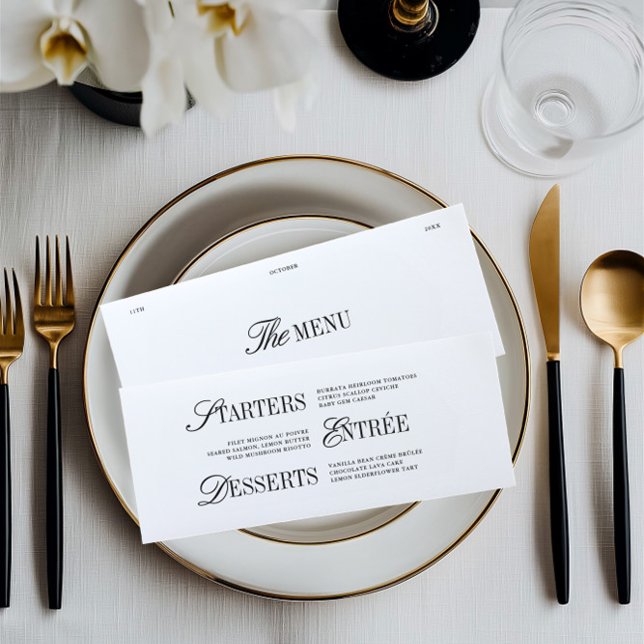Cartão de Menu de Jantar de Casamento Preto e Bran (Elegant Black & White Wedding Dinner Menu Card)
