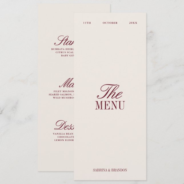Cartão de Menu de Jantar de Noite de Casamento Bur (Frente/Verso)
