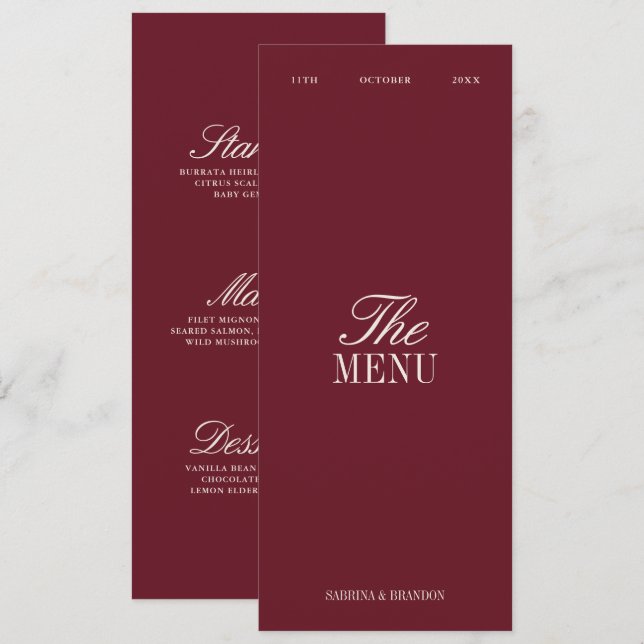 Cartão de Menu de Jantar de Noite de Casamento Bur (Frente/Verso)