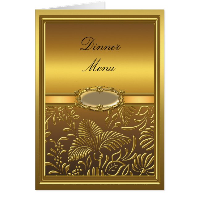 Cartão de Menu de Jantar Dourado Floral Damask (Frente)