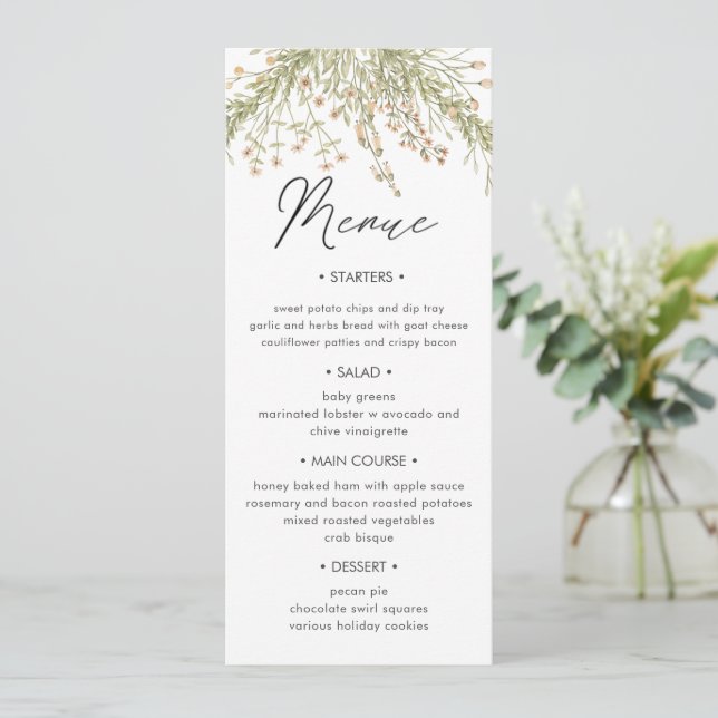 Cartão de Menu de Janto de Casamento Floral da Flo (Em pé/Frente)