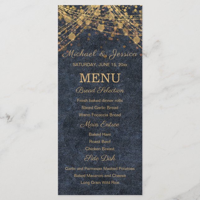 Cartão de Menu de Noite Azul Dourado com Luzes de  (Frente)
