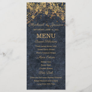Cartão de Menu de Noite Azul Dourado com Luzes de