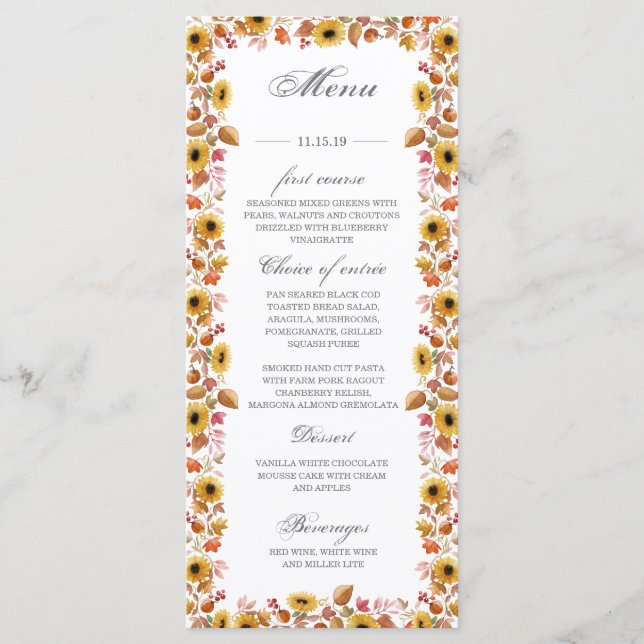 Cartão de menu de outono com girassóis aquarela e  (Frente)