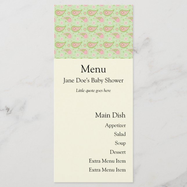 Cartão De Menu De Paisley Verde E Rosa (Frente)