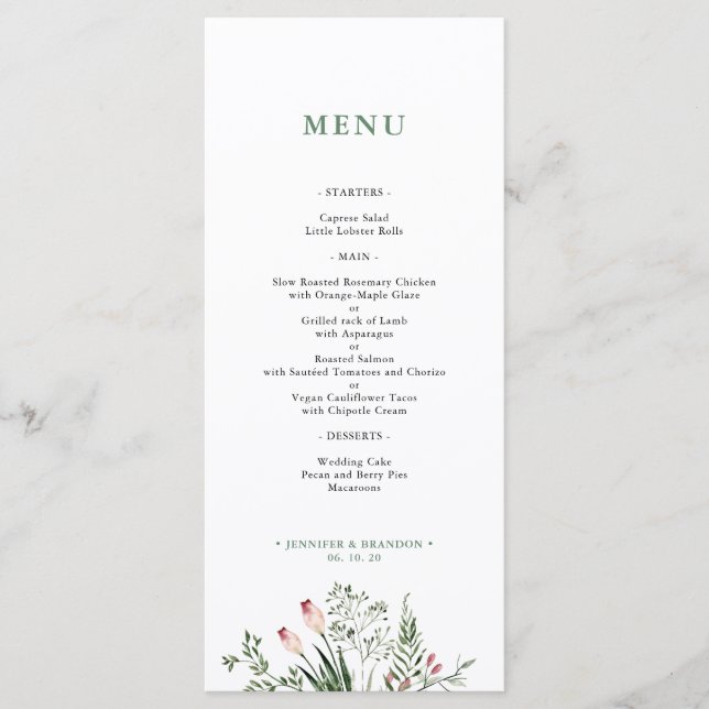 Cartão de Menu de Recepção de Casamento com Aquare (Frente)