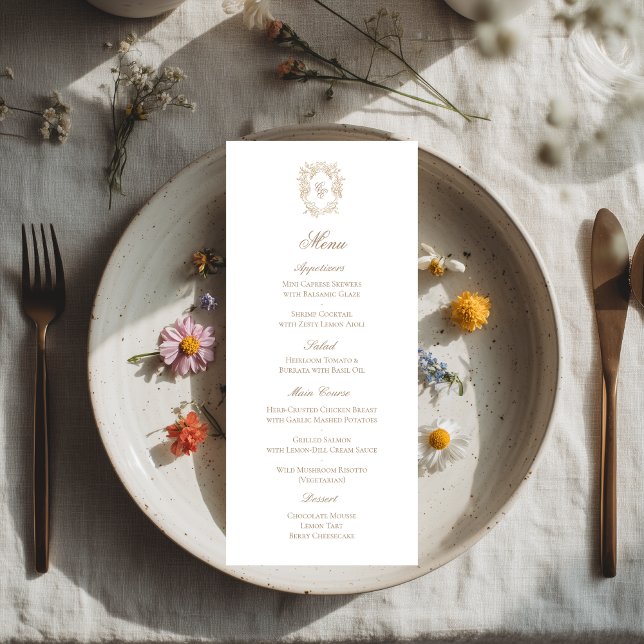 Cartão de Menu de Recepção de Casamento com Crista (Criador carregado)
