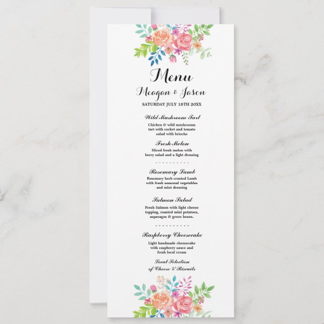 Cartão de Menu de Recepção de Casamento Flores Ele (Frente)