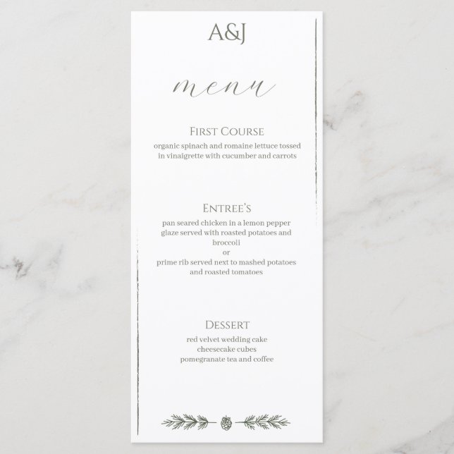 Cartão de Menu de Recepção de Casamento Minimalist (Frente)