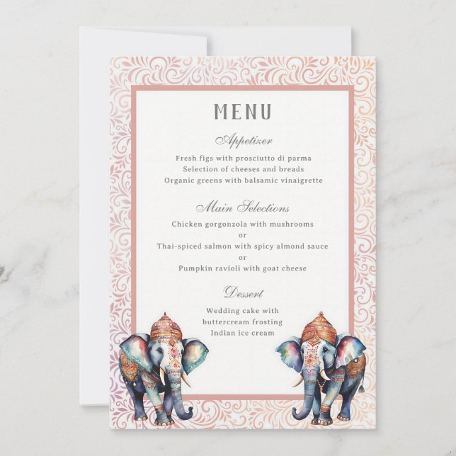 Cartão de Menu de Recepção de Elefante de Casament (Frente)