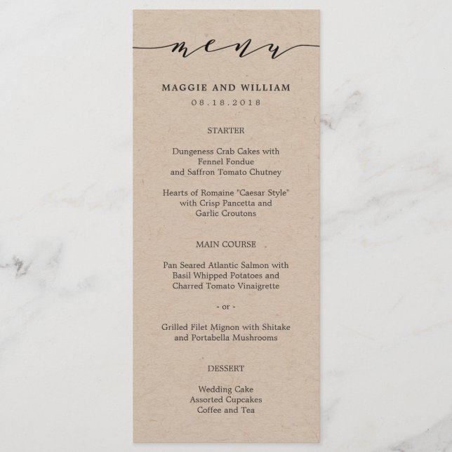 Cartão de Menu de Script Sem Esforço Kraft (Frente)