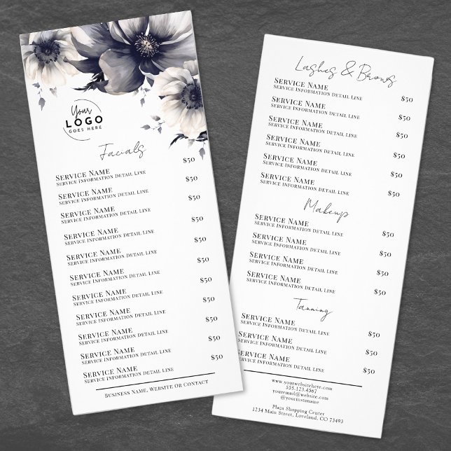 Cartão de Menu de Serviços de Spa Elegante Preto e (Black White Elegant Spa Services Menu Rack Card)