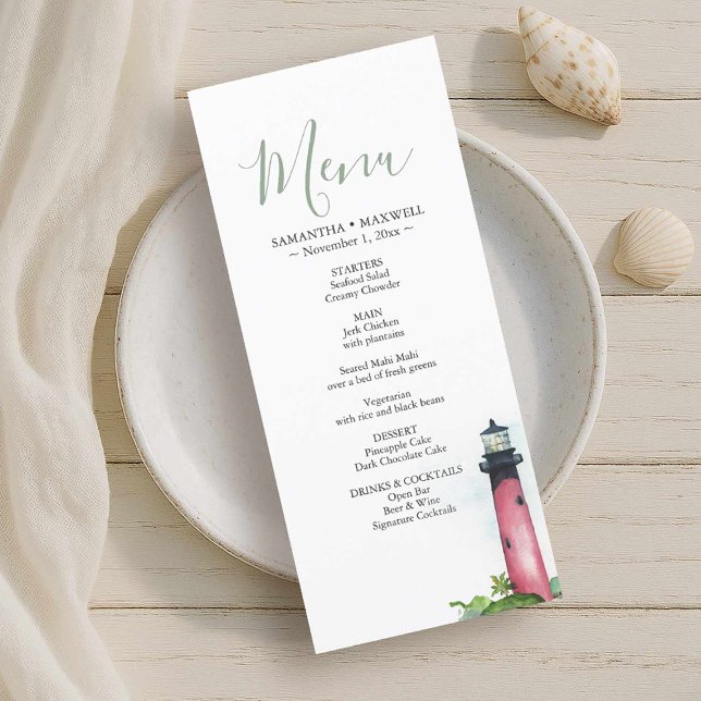 Cartão de Menu do Farol de Recepção de Casamento d (Beach wedding in Florida features watercolor Jupiter lighthouse menu card by Victoria Grigaliunas)
