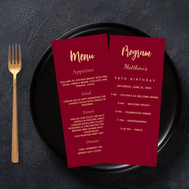 Cartão de menu do programa de aniversário Burgundy (Criador carregado)
