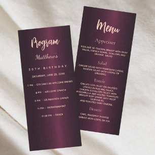 Cartão de menu do programa de aniversário Burgundy