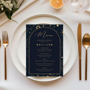 Cartão de menu Dourado do Marinho Celestial Sun e