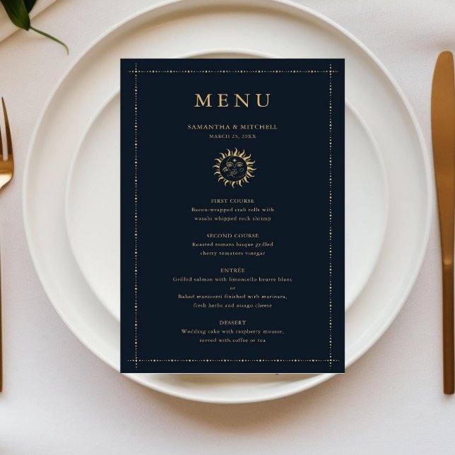 Cartão de menu Dourado do Marinho Celestial Sun e  (Criador carregado)