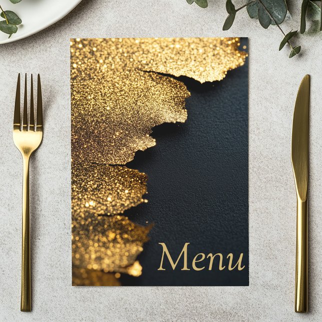 Cartão de Menu Dourado e Preto com Brilho Elegante (Menu card. Luxurious gold foil texture effect with a sleek black background and elegant gold text)