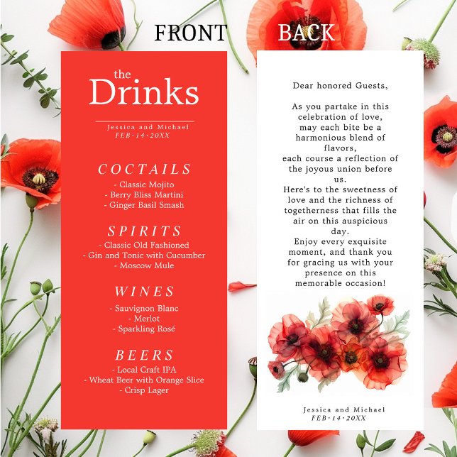 Cartão de menu DRINK Scarlet Petal Serenade (The DRINK menu card Scarlet Petal Serenade with beautiful red poppies flower.)