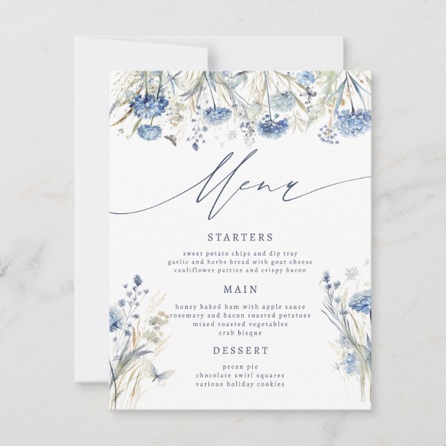 Cartão de Menu Dusty Blue Wildflower (Frente)